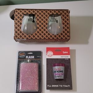 Wine glasses, pink flask, & shot glass